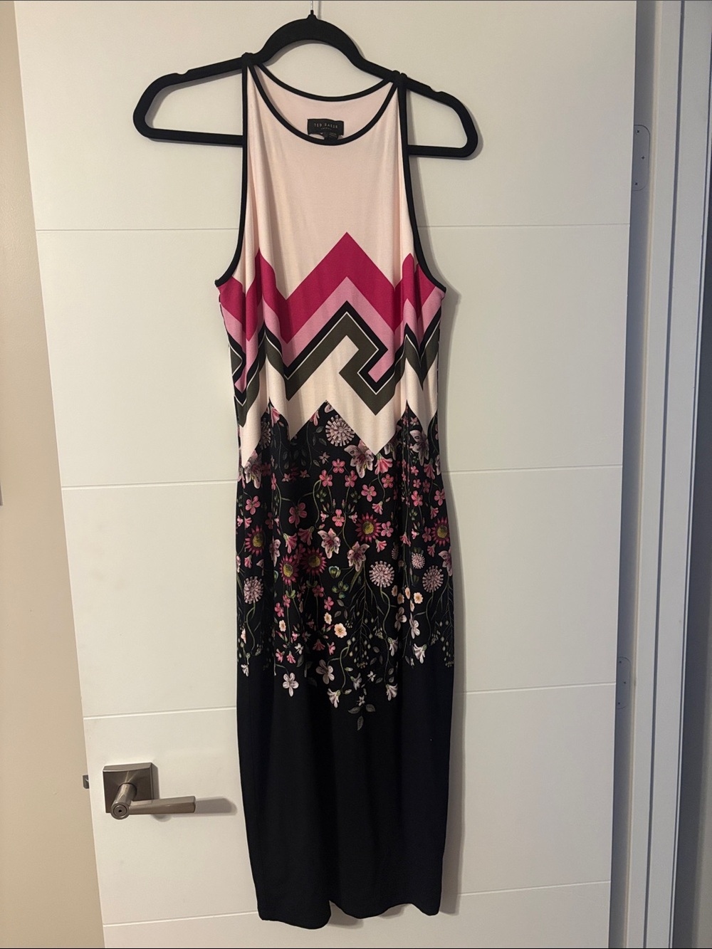 Ted Baker Chic Pink Floral Chevron Midi Dress Sz4